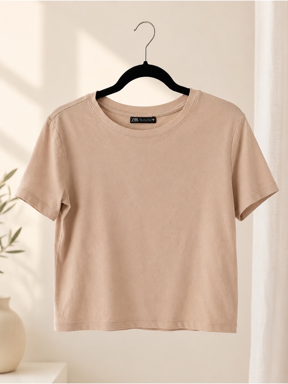 Zara Beige 100% Cotton Cropped T-Shirt Size L